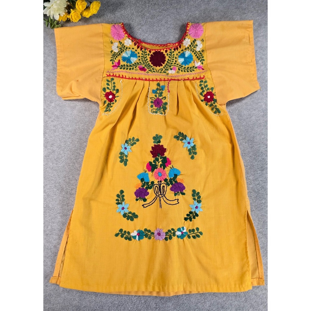 Hand Embroidered Mexican Dress Kids Size 4 Yellow Floral Boho Peasant Tunic